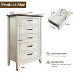Commode à 5 tiroirs de 114 cm de haut de style ferme pour chambre, commode verticale en bois, commode rustique pour armoire, chambre d'enfant, salon