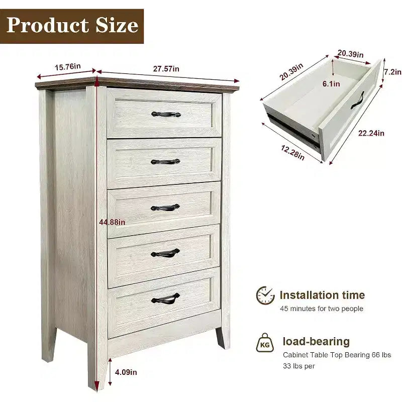 Commode à 5 tiroirs de 114 cm de haut de style ferme pour chambre, commode verticale en bois, commode rustique pour armoire, chambre d'enfant, salon