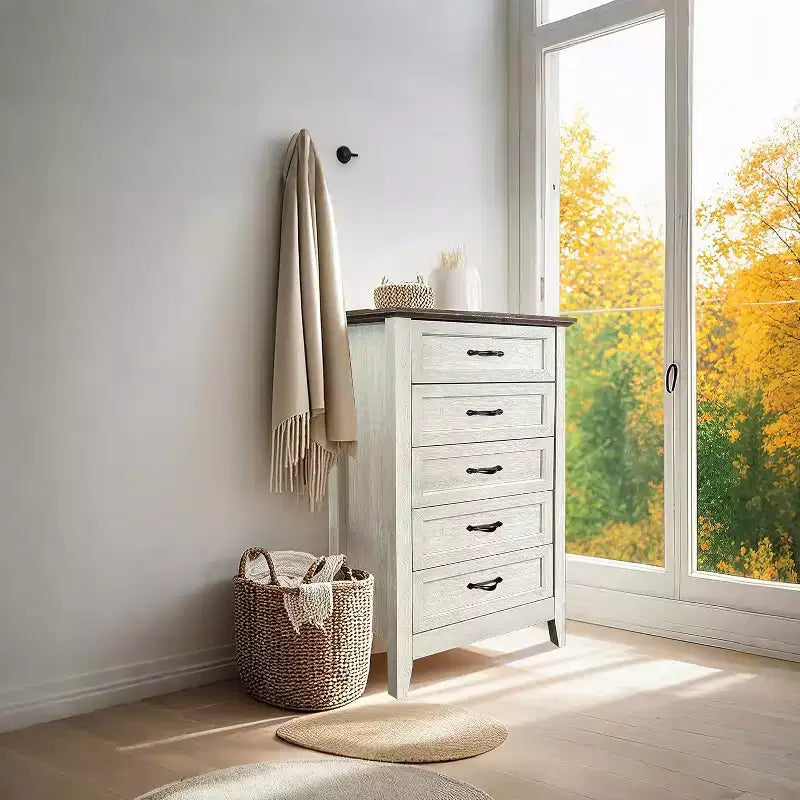 Commode à 5 tiroirs de 114 cm de haut de style ferme pour chambre, commode verticale en bois, commode rustique pour armoire, chambre d'enfant, salon