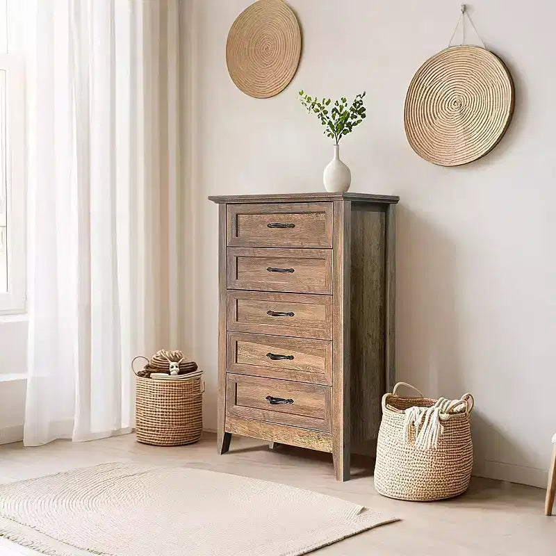 Commode à 5 tiroirs de 114 cm de haut de style ferme pour chambre, commode verticale en bois, commode rustique pour armoire, chambre d'enfant, salon