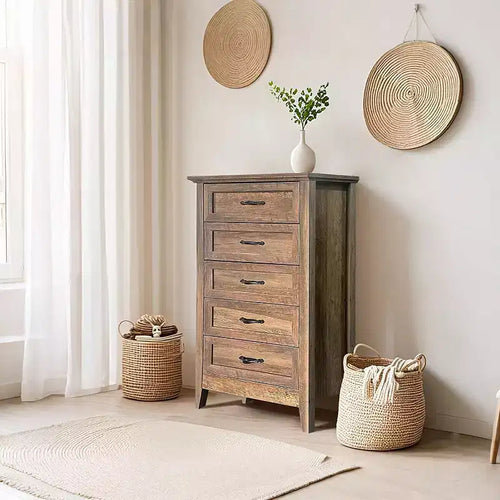 Commode à 5 tiroirs de 114 cm de haut de style ferme pour chambre, commode verticale en bois, commode rustique pour armoire, chambre d'enfant, salon