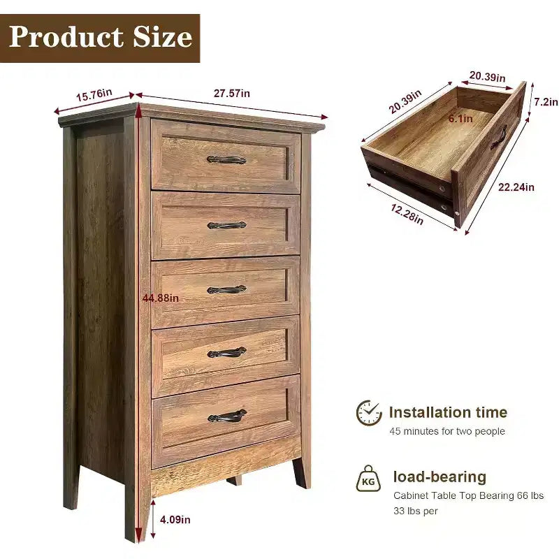 Commode à 5 tiroirs de 114 cm de haut de style ferme pour chambre, commode verticale en bois, commode rustique pour armoire, chambre d'enfant, salon