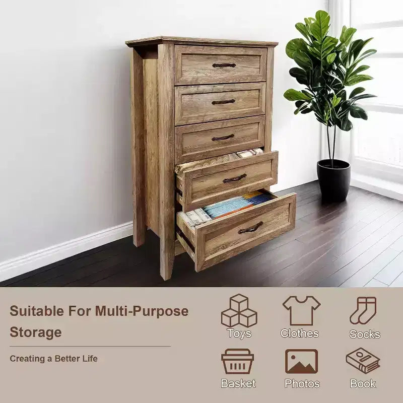 Commode à 5 tiroirs de 114 cm de haut de style ferme pour chambre, commode verticale en bois, commode rustique pour armoire, chambre d'enfant, salon
