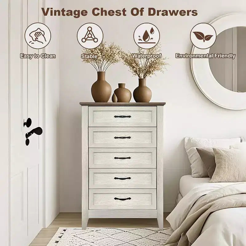 Commode à 5 tiroirs de 114 cm de haut de style ferme pour chambre, commode verticale en bois, commode rustique pour armoire, chambre d'enfant, salon