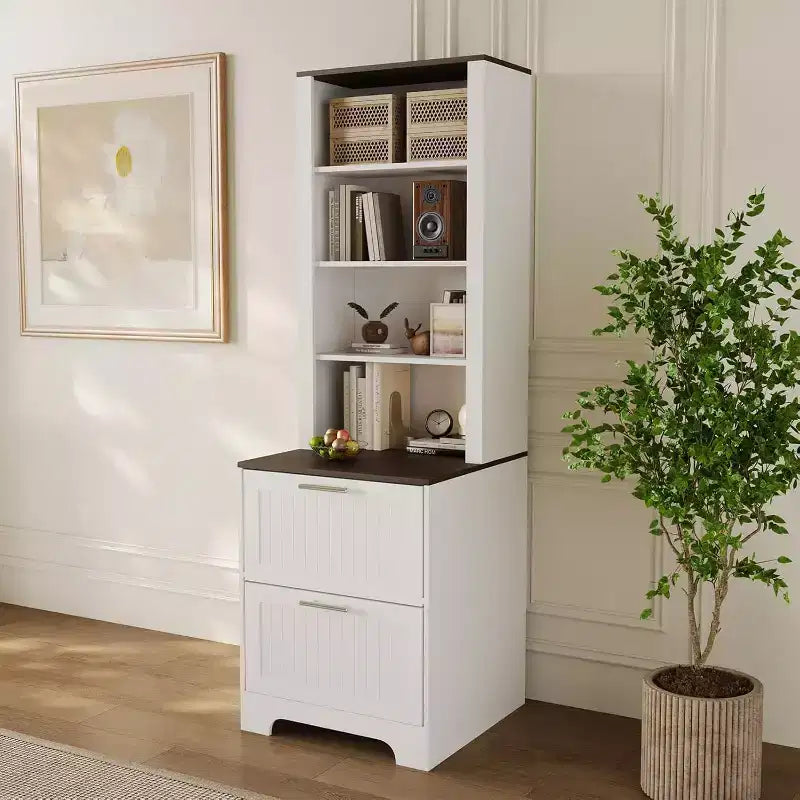 Bibliothèque avec 2 tiroirs de classement, Armoire de rangement de ferme de 183 cm de haut, Étagère en bois avec 2 étagères réglables pour salon et bureau