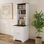 Bibliothèque avec 2 tiroirs de classement, Armoire de rangement de ferme de 183 cm de haut, Étagère en bois avec 2 étagères réglables pour salon et bureau