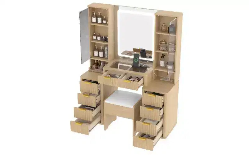 JVNOXK Ensemble de vanité moderne de 43,5 pouces avec miroir et lumière, comprenant des tiroirs, un meuble en verre transparent, un tabouret et une station de charge, Chêne