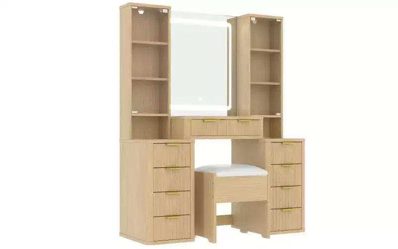 JVNOXK Ensemble de vanité moderne de 43,5 pouces avec miroir et lumière, comprenant des tiroirs, un meuble en verre transparent, un tabouret et une station de charge, Chêne