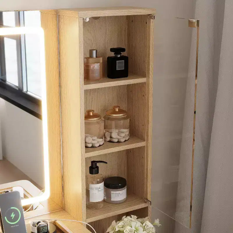 JVNOXK Ensemble de vanité moderne de 43,5 pouces avec miroir et lumière, comprenant des tiroirs, un meuble en verre transparent, un tabouret et une station de charge, Chêne