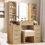 JVNOXK Ensemble de vanité moderne de 43,5 pouces avec miroir et lumière, comprenant des tiroirs, un meuble en verre transparent, un tabouret et une station de charge, Chêne