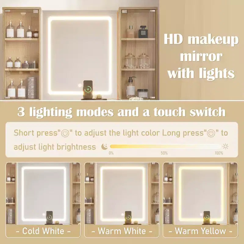 JVNOXK Ensemble de vanité moderne de 43,5 pouces avec miroir et lumière, comprenant des tiroirs, un meuble en verre transparent, un tabouret et une station de charge, Chêne
