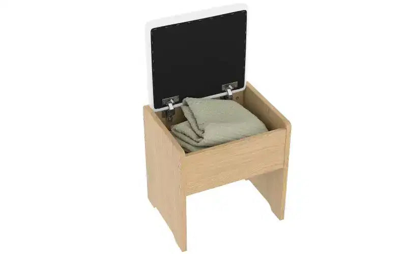 JVNOXK Ensemble de vanité moderne de 43,5 pouces avec miroir et lumière, comprenant des tiroirs, un meuble en verre transparent, un tabouret et une station de charge, Chêne