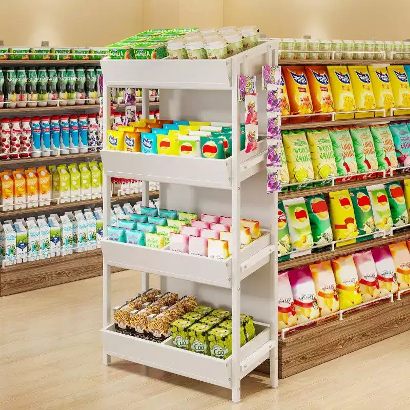 Étagère de présentation de snacks de détail à 4 niveaux Lantine avec 4 crochets, adaptée aux vendeurs, magasins, supermarchés et cuisines domestiques.
