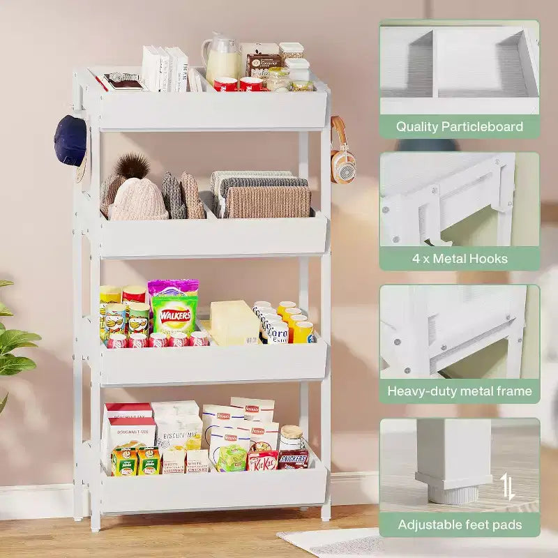 Étagère de présentation de snacks de détail à 4 niveaux Lantine avec 4 crochets, adaptée aux vendeurs, magasins, supermarchés et cuisines domestiques.