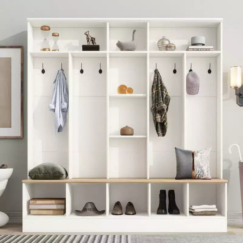 Porte-manteau large design Clihome avec banc de rangement et 8 patères pour entrée