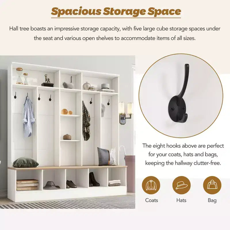 Porte-manteau large design Clihome avec banc de rangement et 8 patères pour entrée