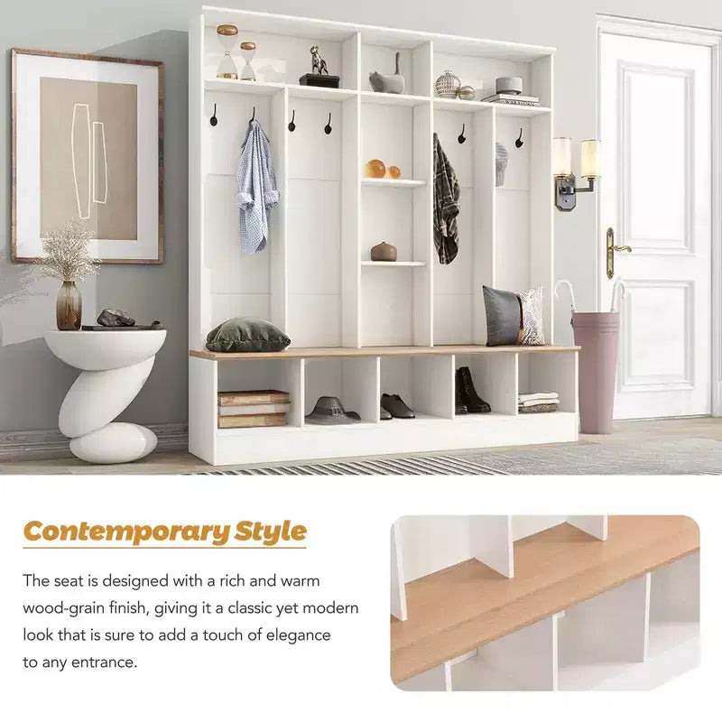 Porte-manteau large design Clihome avec banc de rangement et 8 patères pour entrée