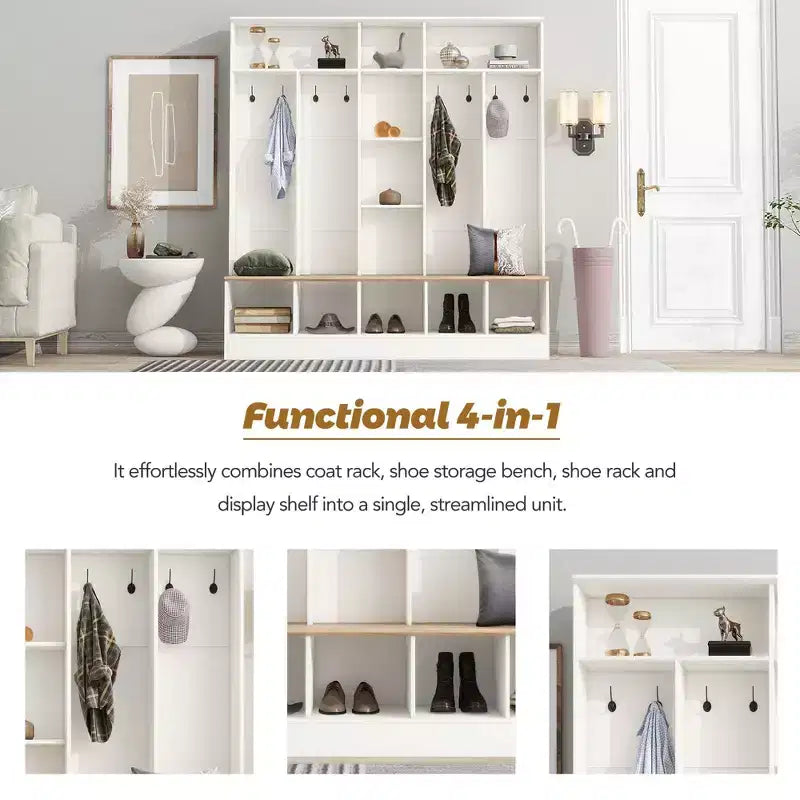 Porte-manteau large design Clihome avec banc de rangement et 8 patères pour entrée