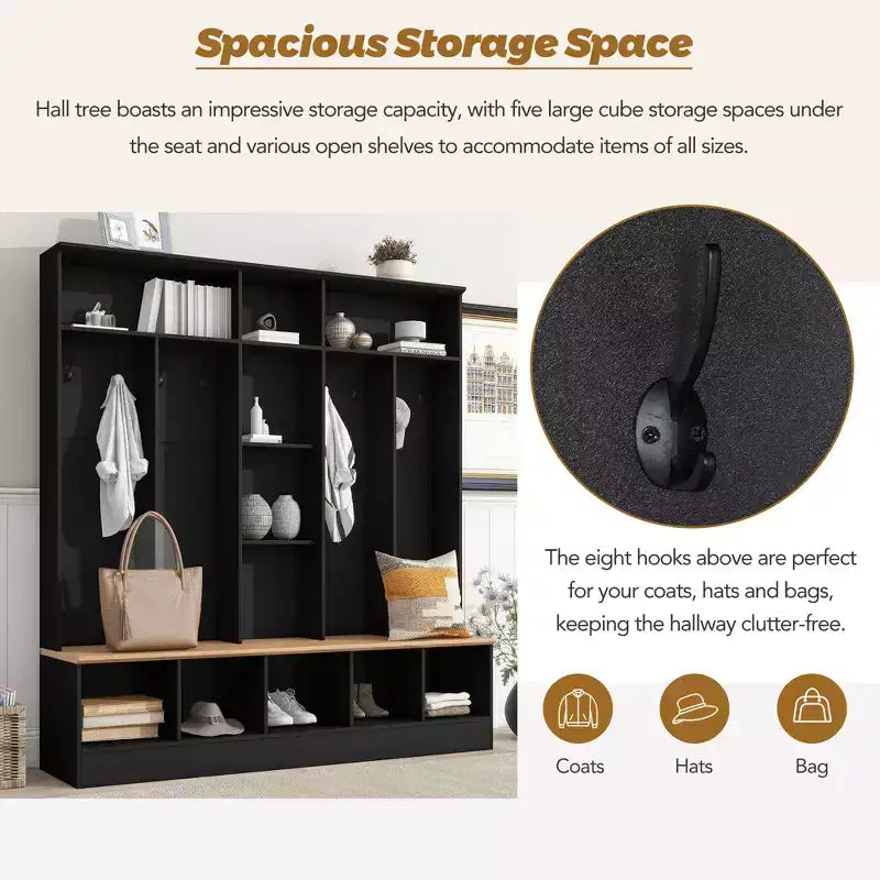 Porte-manteau large design Clihome avec banc de rangement et 8 patères pour entrée