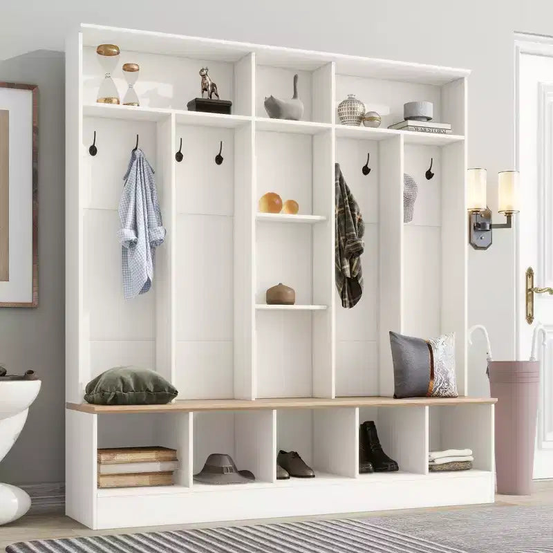 Porte-manteau large design Clihome avec banc de rangement et 8 patères pour entrée