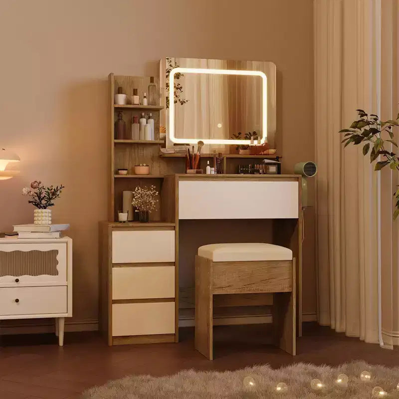 Coiffeuse avec miroir et lumières, coiffeuse de maquillage avec prise de courant, table de toilette avec 4 tiroirs, étagères de rangement et tabouret pour chambre à coucher