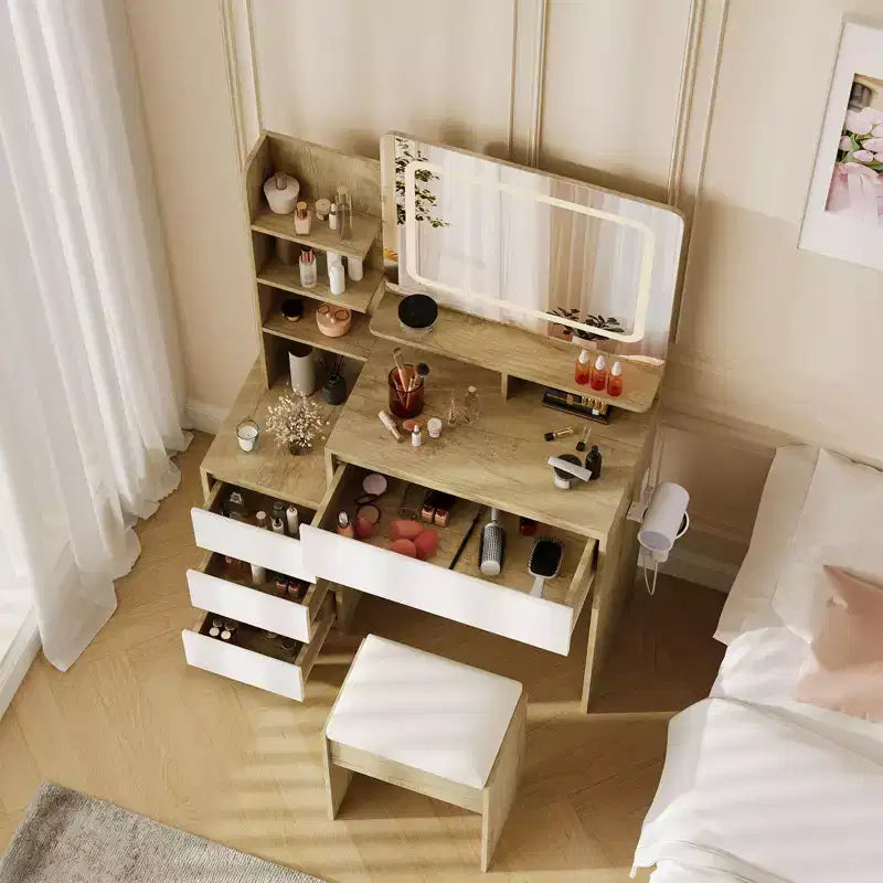 Coiffeuse avec miroir et lumières, coiffeuse de maquillage avec prise de courant, table de toilette avec 4 tiroirs, étagères de rangement et tabouret pour chambre à coucher
