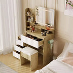 Coiffeuse avec miroir et lumières, coiffeuse de maquillage avec prise de courant, table de toilette avec 4 tiroirs, étagères de rangement et tabouret pour chambre à coucher
