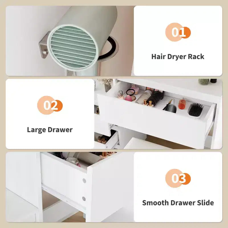 Coiffeuse avec miroir et lumières, coiffeuse de maquillage avec prise de courant, table de toilette avec 4 tiroirs, étagères de rangement et tabouret pour chambre à coucher