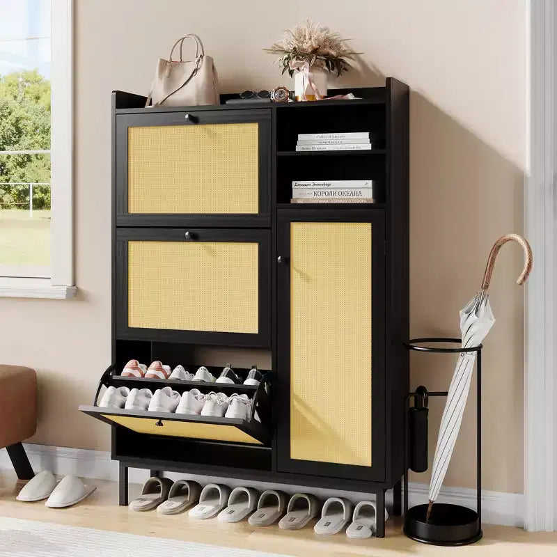 Meuble à chaussures autoportant en rotin avec 3 tiroirs basculants et 5 étagères, organisateur de rangement de chaussures peu encombrant pour entrée ou couloir