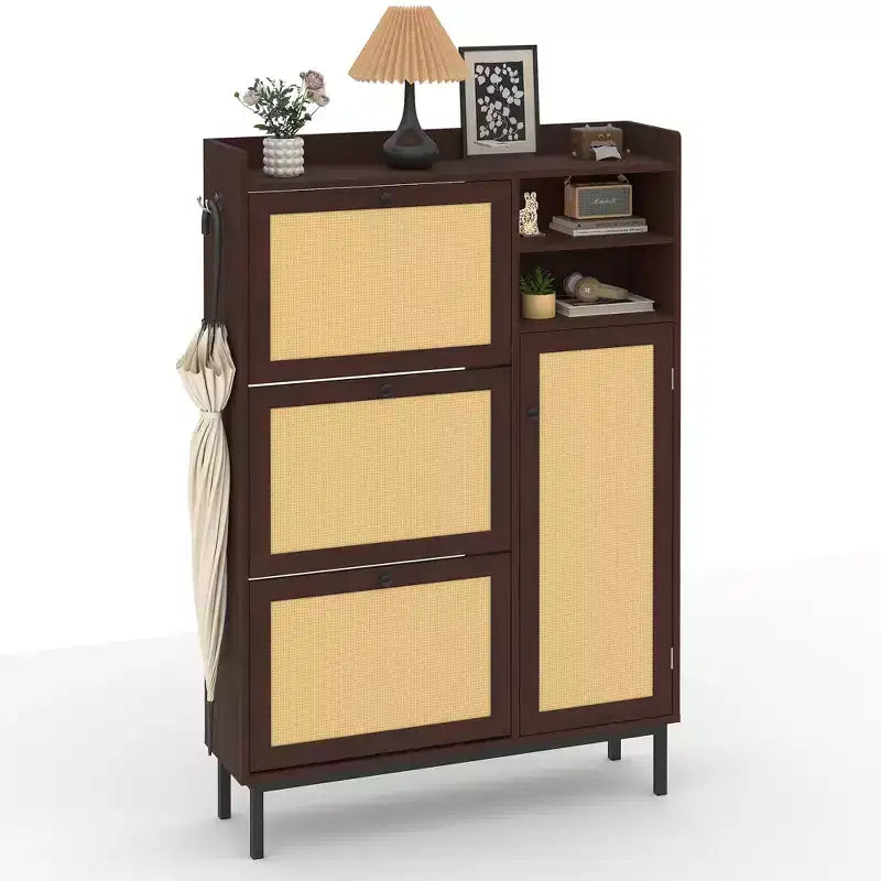 Meuble à chaussures autoportant en rotin avec 3 tiroirs basculants et 5 étagères, organisateur de rangement de chaussures peu encombrant pour entrée ou couloir