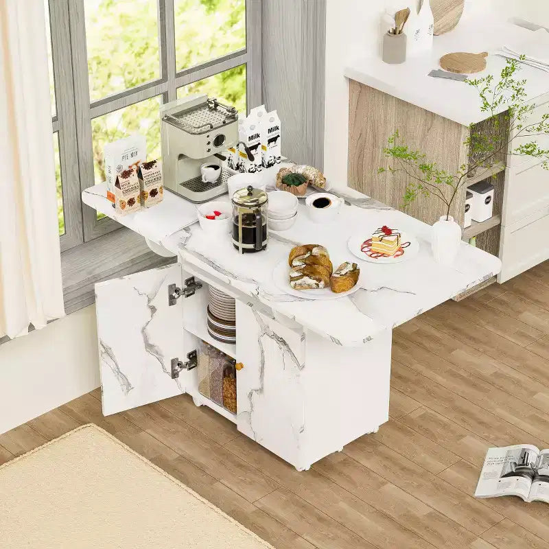 MAYEERTY Folding Kitchen Island Dining Table, Marble Texture Table with Storage Cabinet & Wheels, Multi-Purpose Space-Saving Table