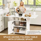 MAYEERTY Table de cuisine pliante avec îlot, table à manger texture marbre avec armoire de rangement et roulettes, table polyvalente peu encombrante