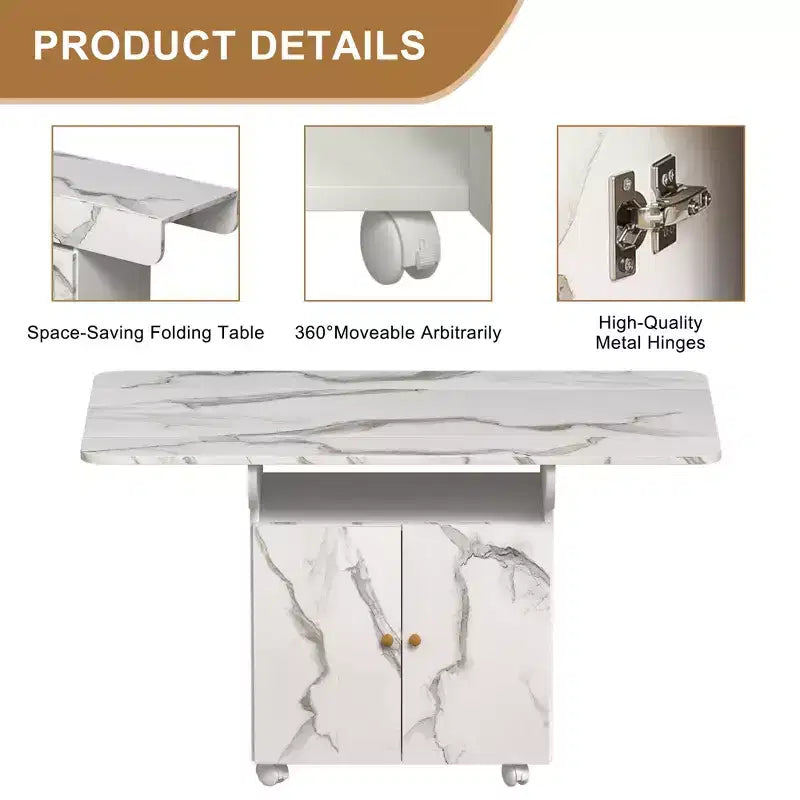 MAYEERTY Table de cuisine pliante avec îlot, table à manger texture marbre avec armoire de rangement et roulettes, table polyvalente peu encombrante
