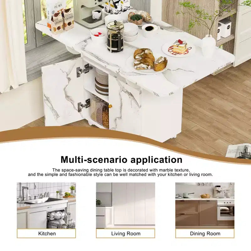 MAYEERTY Table de cuisine pliante avec îlot, table à manger texture marbre avec armoire de rangement et roulettes, table polyvalente peu encombrante