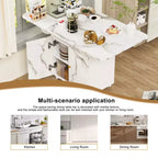 MAYEERTY Table de cuisine pliante avec îlot, table à manger texture marbre avec armoire de rangement et roulettes, table polyvalente peu encombrante