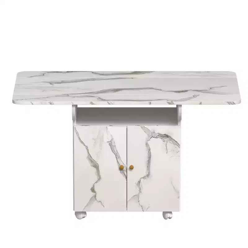 MAYEERTY Table de cuisine pliante avec îlot, table à manger texture marbre avec armoire de rangement et roulettes, table polyvalente peu encombrante