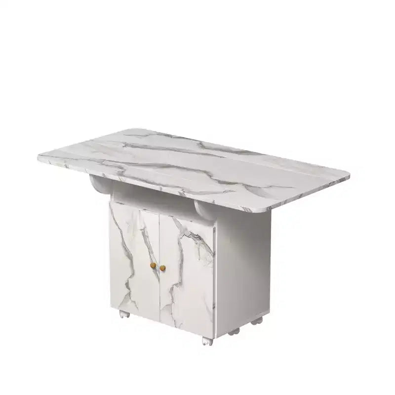 MAYEERTY Table de cuisine pliante avec îlot, table à manger texture marbre avec armoire de rangement et roulettes, table polyvalente peu encombrante