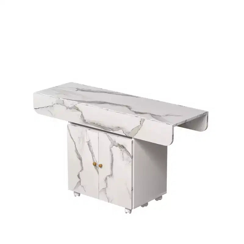MAYEERTY Table de cuisine pliante avec îlot, table à manger texture marbre avec armoire de rangement et roulettes, table polyvalente peu encombrante
