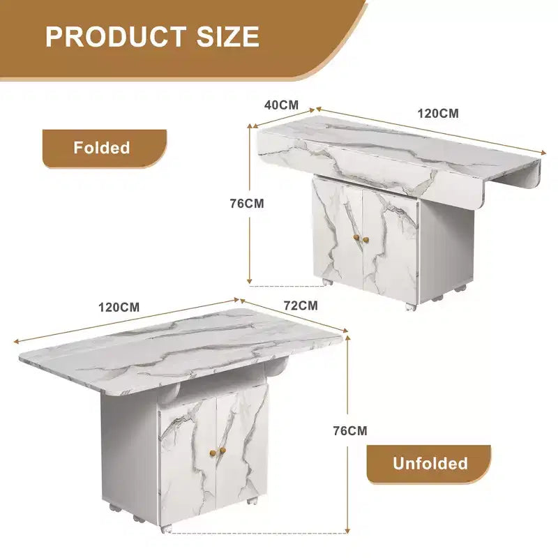 MAYEERTY Table de cuisine pliante avec îlot, table à manger texture marbre avec armoire de rangement et roulettes, table polyvalente peu encombrante
