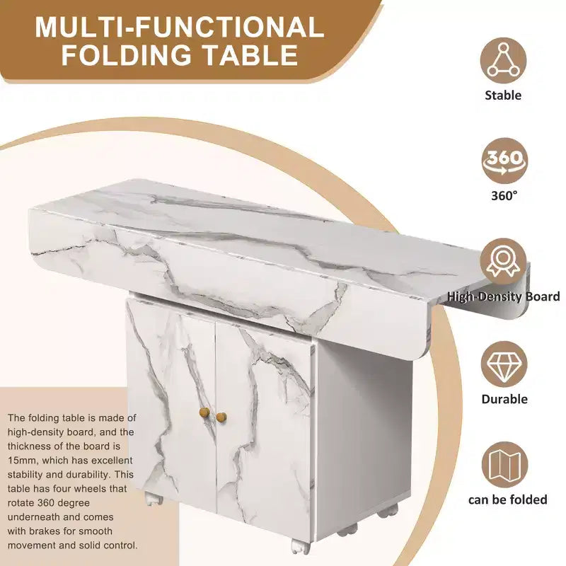 MAYEERTY Table de cuisine pliante avec îlot, table à manger texture marbre avec armoire de rangement et roulettes, table polyvalente peu encombrante