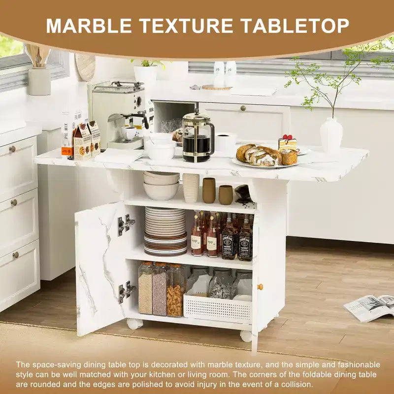 MAYEERTY Table de cuisine pliante avec îlot, table à manger texture marbre avec armoire de rangement et roulettes, table polyvalente peu encombrante