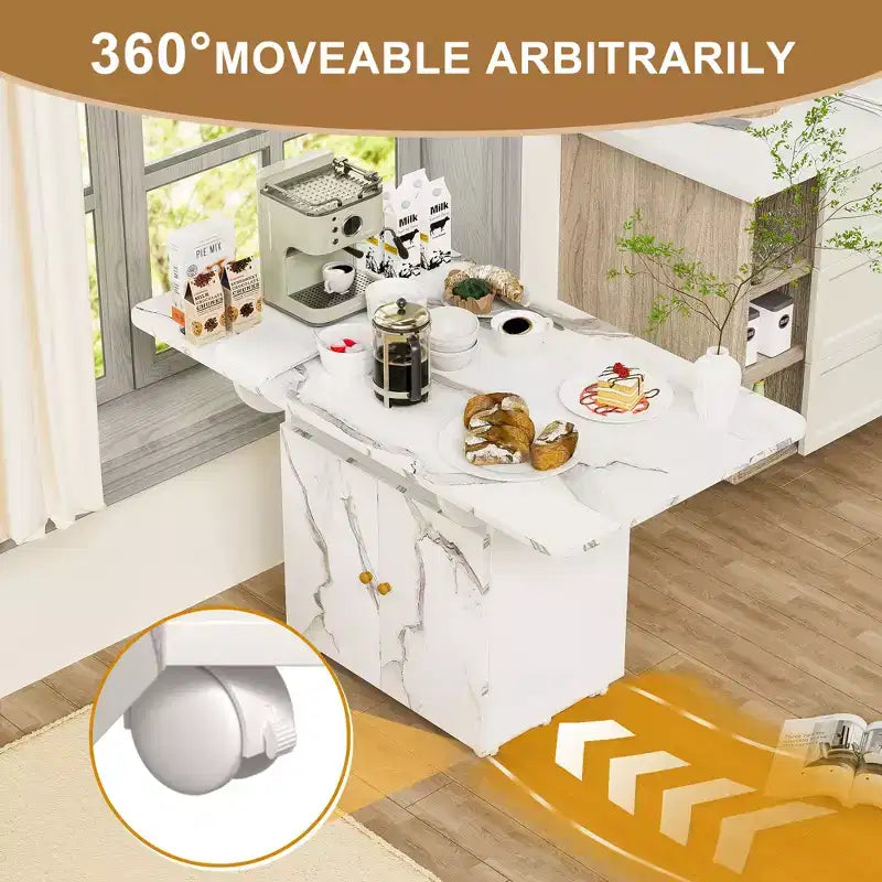 MAYEERTY Table de cuisine pliante avec îlot, table à manger texture marbre avec armoire de rangement et roulettes, table polyvalente peu encombrante