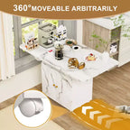 MAYEERTY Table de cuisine pliante avec îlot, table à manger texture marbre avec armoire de rangement et roulettes, table polyvalente peu encombrante