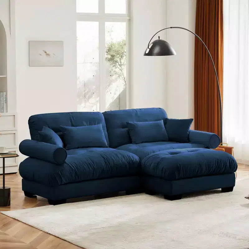 MAYEERTY Canapé deux places moderne avec ottoman, 2 traversins ronds, oreillers de soutien lombaire, coussins décoratifs pour salon, bleu