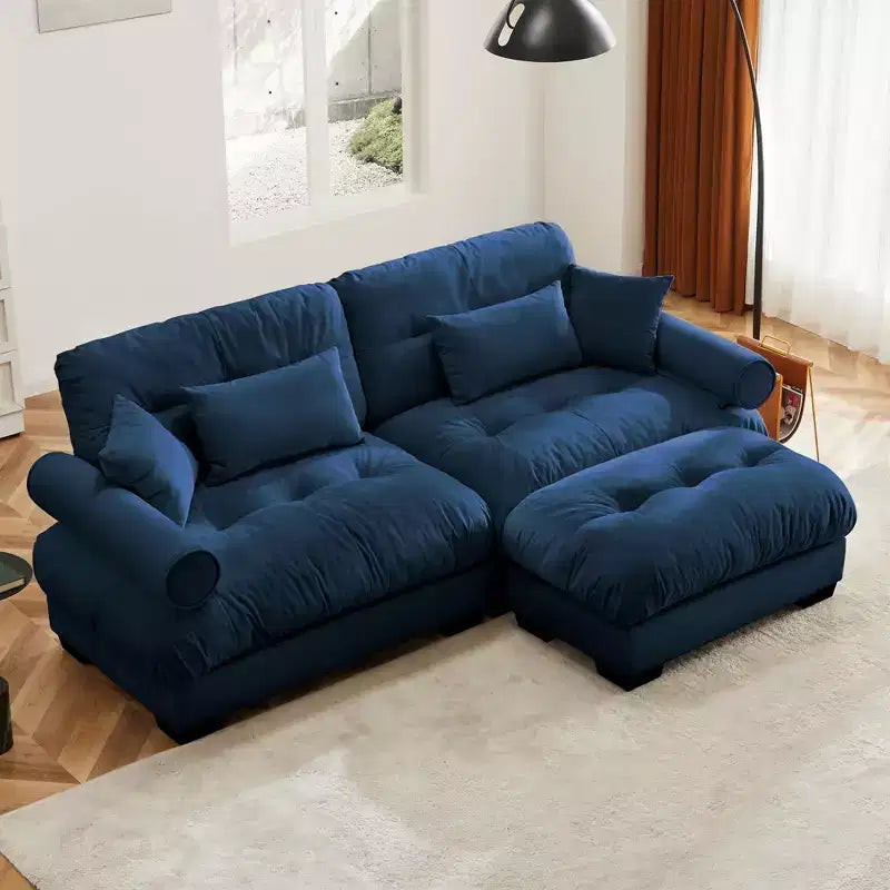 MAYEERTY Canapé deux places moderne avec ottoman, 2 traversins ronds, oreillers de soutien lombaire, coussins décoratifs pour salon, bleu
