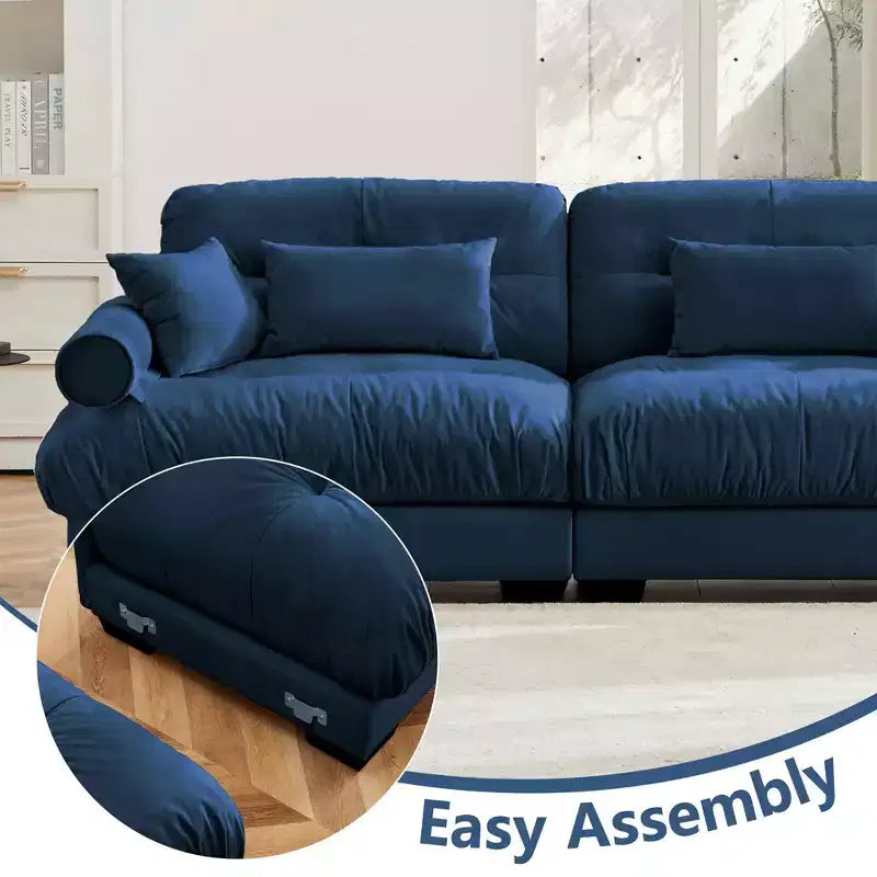 MAYEERTY Canapé deux places moderne avec ottoman, 2 traversins ronds, oreillers de soutien lombaire, coussins décoratifs pour salon, bleu