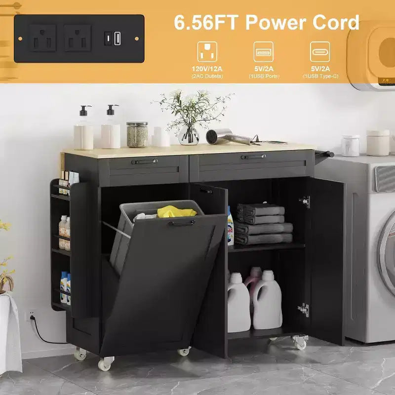 Îlot de cuisine sur roulettes avec rangement, Chariot de cuisine avec poubelle et prises électriques, Îlot de cuisine roulant portable avec étagère réglable