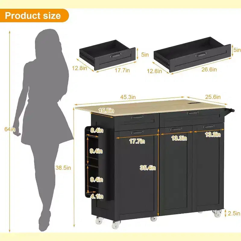 Îlot de cuisine sur roulettes avec rangement, Chariot de cuisine avec poubelle et prises électriques, Îlot de cuisine roulant portable avec étagère réglable