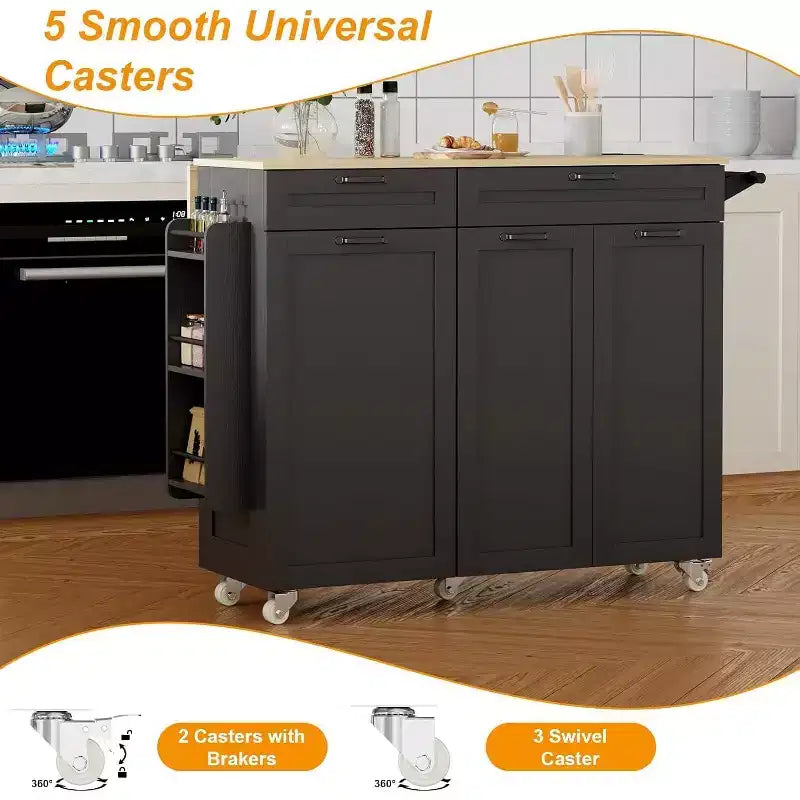 Îlot de cuisine sur roulettes avec rangement, Chariot de cuisine avec poubelle et prises électriques, Îlot de cuisine roulant portable avec étagère réglable