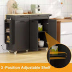Îlot de cuisine sur roulettes avec rangement, Chariot de cuisine avec poubelle et prises électriques, Îlot de cuisine roulant portable avec étagère réglable